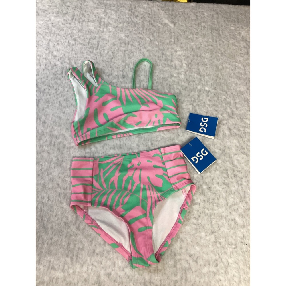 DSG Girls XS Panama Palms Asymmetric Bikini Top High Waist Bottom Set Pink Green